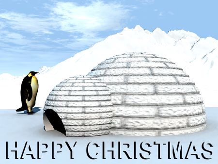 A penguin by an igloo home with a Happy Christmas Sign.