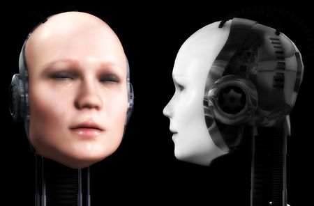 An image of two heads of technologically robotic women.の写真素材