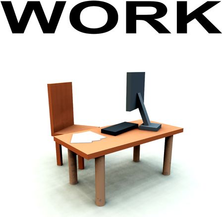 An image of a It office/work environment, it contains a desk with a chair and a computer with keyboard and paper.の写真素材
