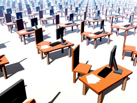 A conceptual image of a It office/work environment, it contains desks, chairs and computers with...