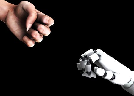 A conceptual image of a human verses robot fist, that could represent the concepts of...