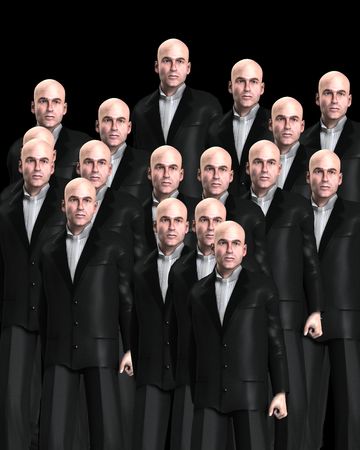 An conceptual image of a background crowed of identical men.