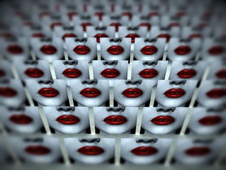 This is a romantic concept abstract background image of a set of duplicated lush kissable lips.の写真素材