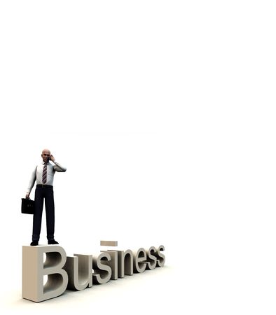An conceptual image of a business man standing on a text that says business.の写真素材