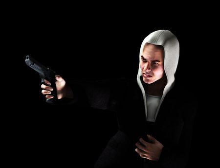 An image of a angry thug with a hoodie that has a gun, it would be good to highlight criminality conceptsの写真素材