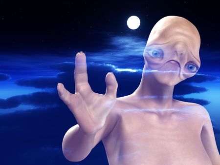 An alien against a cloudy moonlit nightime sky.