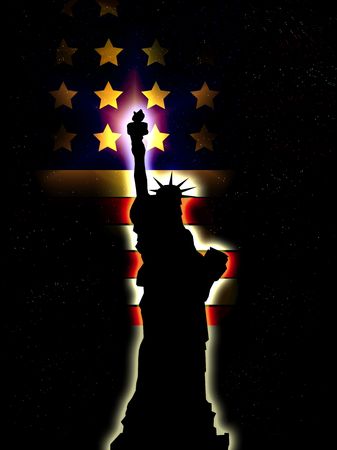A silhouette of the statue of liberty, with an added American flag.の写真素材
