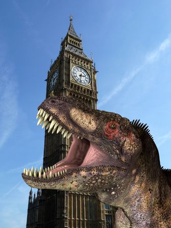 A humorous hoax image of a Tyrannosaurus Rex in a menacing pose, in front of the Houses Of Parliament In Londonの写真素材