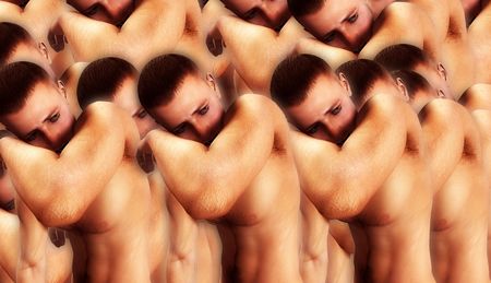 A background made out of a lot of sad men.の写真素材