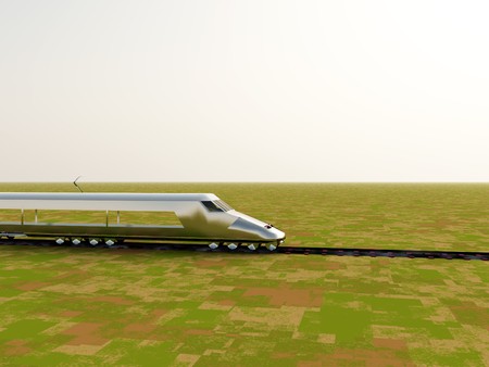 A train travelling on tracks in a simple landscape.