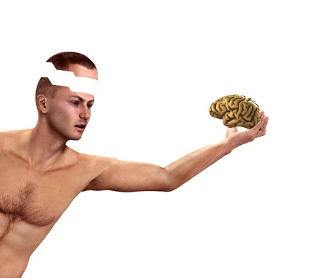 Concept image of a man holding his own mind.
