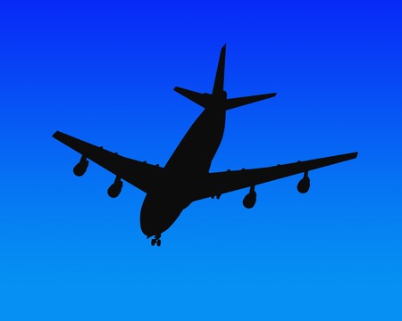 Simple outline of a plane against a blue gradient background.の写真素材