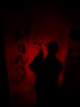 Vandal at work spraying graffiti on a pillar.の写真素材