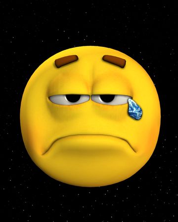 Concept image of a sad face crying earth tears in space.の写真素材
