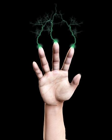 Conceptual image of a hand that is shooting out bolts of lightning.の写真素材