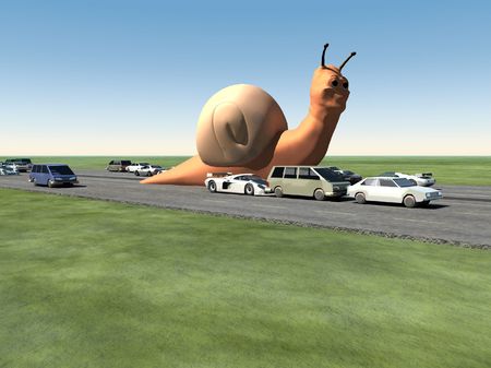 A surreal humorous image of a giant snail on a busy motorway.の写真素材