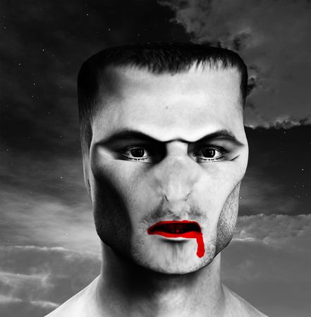 A horrible monster face for Halloween, with a sky background.の写真素材