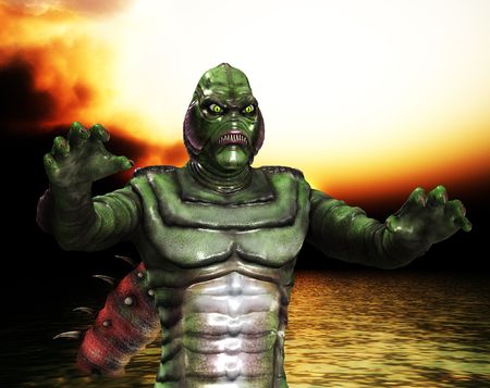 A reptilian monster coming out of some water.の写真素材