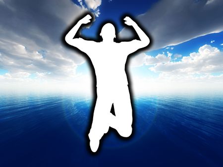 A male figure jumping with a ocean background.