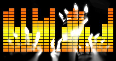 Outreaching hands overlaid over graphic soundwave bars.の写真素材