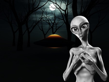 An alien and a UFO in a dark forest.