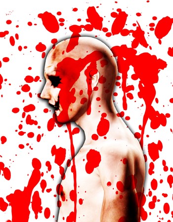 A Psychotic male who is covered in blood.の写真素材