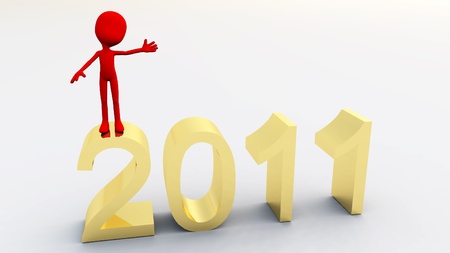 A cartoon figure and a sign representing the new year 2011. 