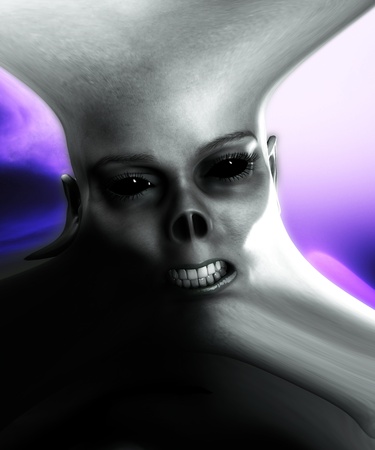 Close up of a very distorted monster face.