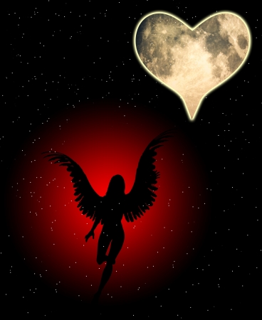 An angel with a heart shaped moon.の写真素材