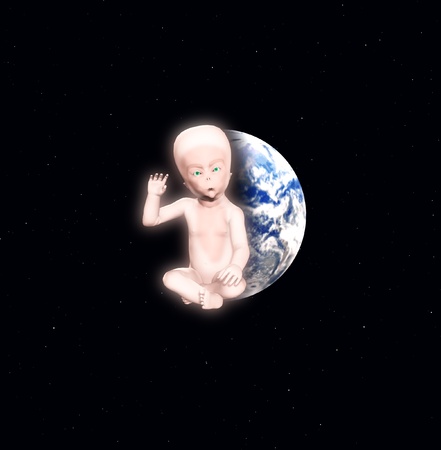 An alien star child against the Earth.の写真素材