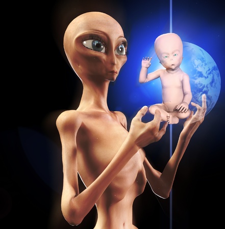 Concept image showing a newly born alien star child.の写真素材