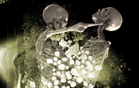Two skeletons who are fighting as they decay 
