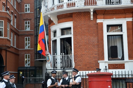 London ï¿½ August 19: The Balcony At The At the Julian Assange Protest Outside The Ecuadorian Embassy London August 19th, 2012 in London, England.のeditorial素材