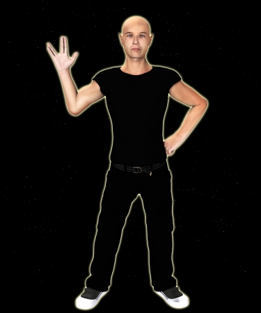 Man in black outfit who is doing the Vulcan salute. の写真素材