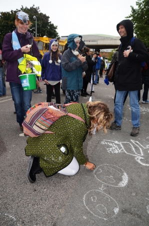 London â September 15: As part of the Aurora the Polar bear march campaigners peacefully protest by putting chalk messages outside the Shell building, London September 15th, 2013 in London England.のeditorial素材