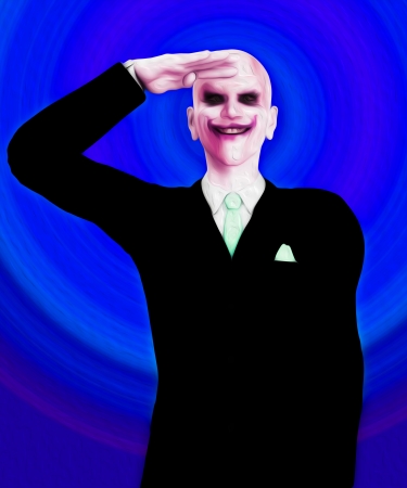 Insane and psychotic killer clown who is saluting.の写真素材