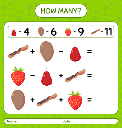 How many counting game with fruit. worksheet for preschool kids, kids activity sheet, printable worksheetのイラスト素材