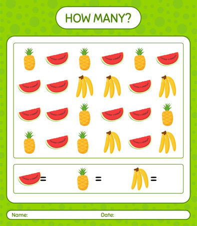 How many counting game with fruit. worksheet for preschool kids, kids activity sheet, printable worksheetのイラスト素材
