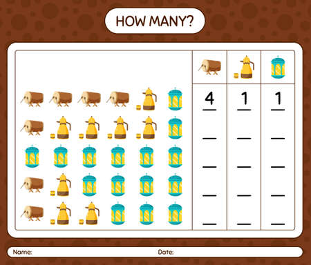 How many counting game with ramadan icon. worksheet for preschool kids, kids activity sheet, printable worksheetのイラスト素材