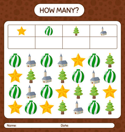 How many counting game with christmas icon. worksheet for preschool kids, kids activity sheetのイラスト素材