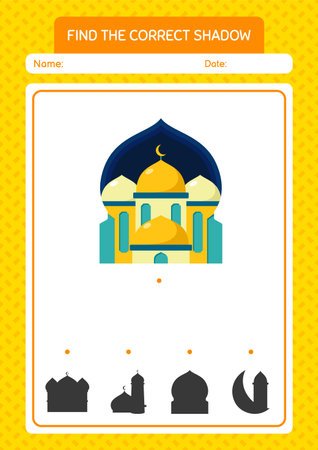 Find the correct shadows game with mosque. worksheet for preschool kids, kids activity sheetのイラスト素材
