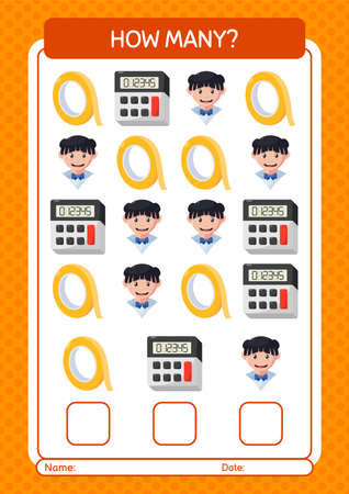 How many counting game with back to school icon. worksheet for preschool kids, kids activity sheetのイラスト素材