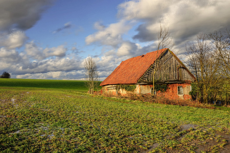 abandoned old house standing in the middle of meadowsの写真素材