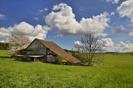 Spring sunny day on pasture with old barnの写真素材