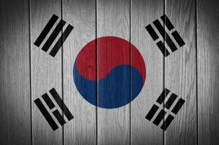 South Korea flag painted on wood plank texture backgroundの写真素材