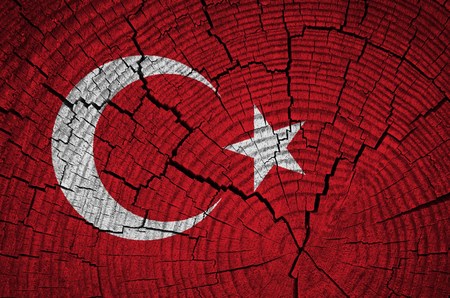 Turkey flag painted on old wood backgroundの写真素材