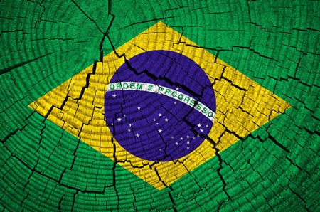 brazil flag painted on old wood backgroundの写真素材