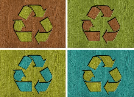 recycling symbol on wooden background, setの写真素材