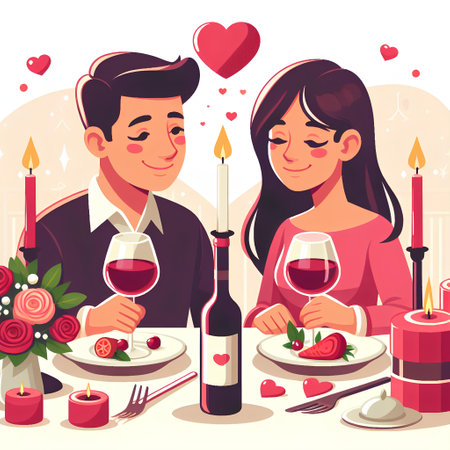 Closeup of romantic couple enjoying candle dinner together with meal and champagneの素材