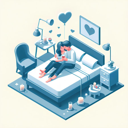 Couple in love sitting on bed and hugging. Isometric illustration.の素材